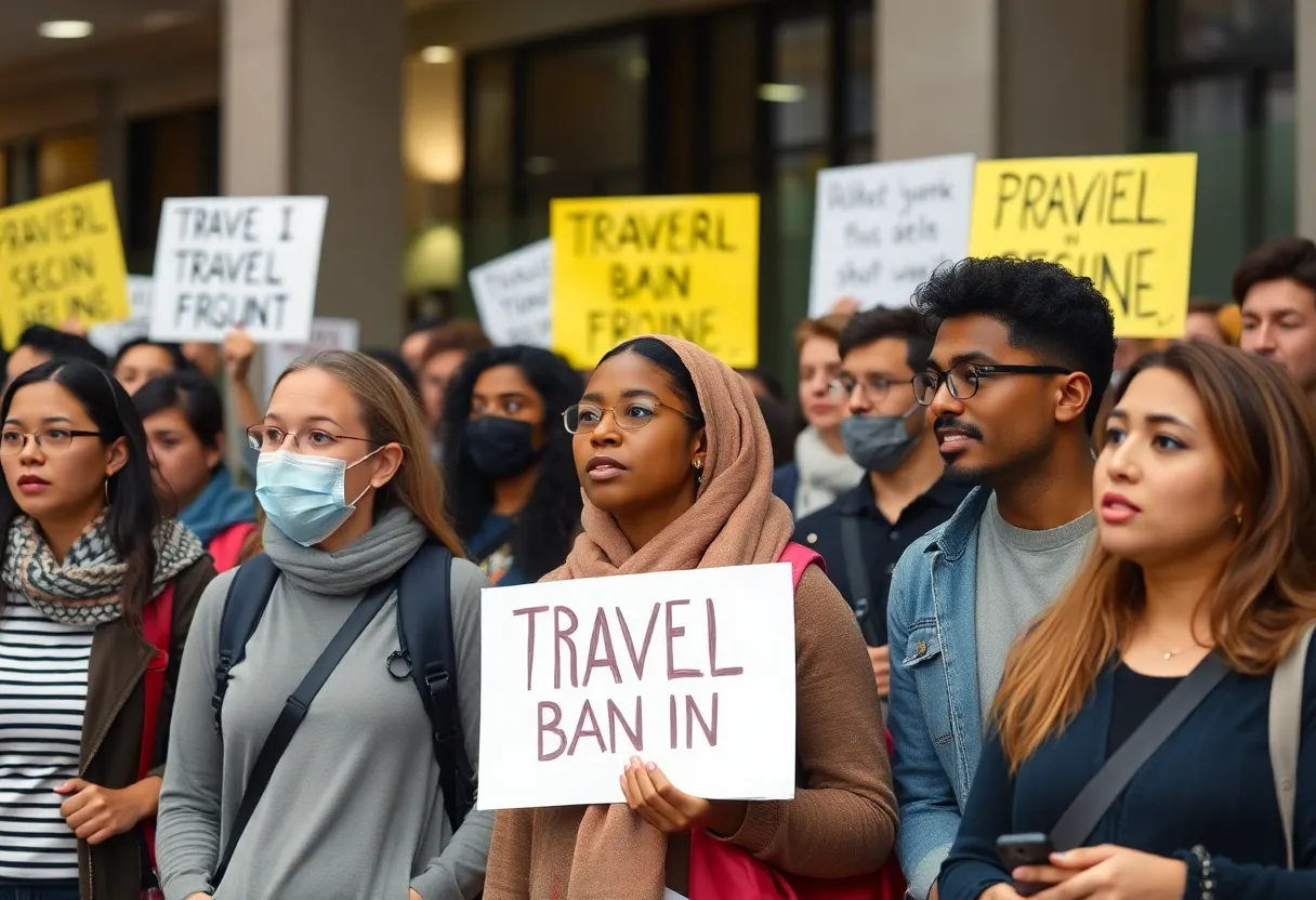 Group protesting against the travel ban with emotional expressions