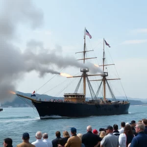 USS Constitution conducting a salute in Charlestown harbor.
