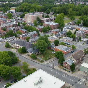 Urban landscape of Worcester, Massachusetts with limited green spaces