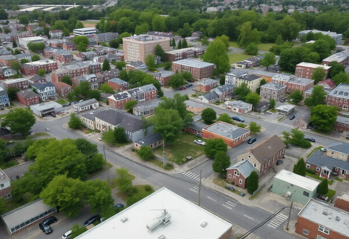 Urban landscape of Worcester, Massachusetts with limited green spaces