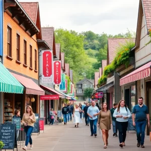 A bustling scene at Wrentham Village Premium Outlets with shoppers enjoying the outdoor shopping experience.