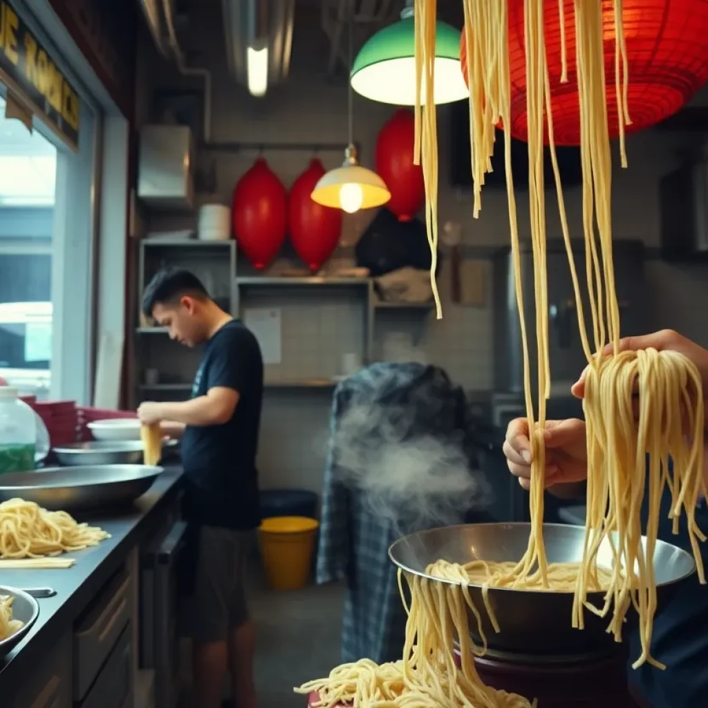 Interior of Xi'an Famous Foods ghost kitchen in Roxbury with hand-pulled noodles being prepared.