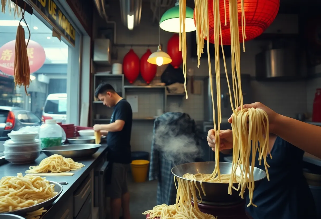 Interior of Xi'an Famous Foods ghost kitchen in Roxbury with hand-pulled noodles being prepared.