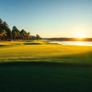 A view of a golf course demonstrating sustainable practices with solar panels and wind turbines.