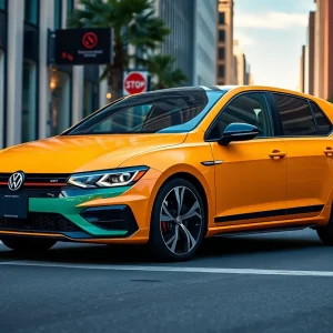 2025 Volkswagen Golf GTI SE parked on a vibrant city street