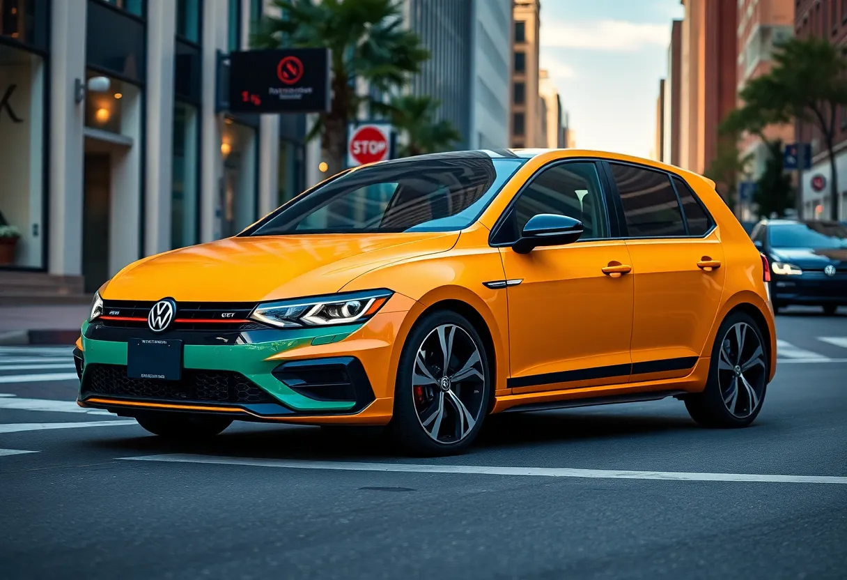 2025 Volkswagen Golf GTI SE parked on a vibrant city street