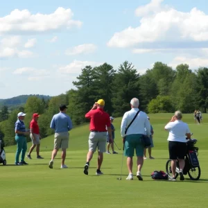 A group of diverse golfers playing on a beautiful New England golf course.