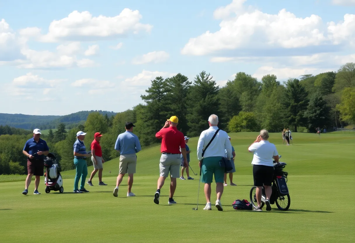 A group of diverse golfers playing on a beautiful New England golf course.