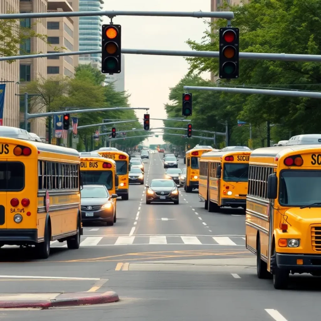 AI traffic signal system designed for Boston school buses operational at a busy intersection.