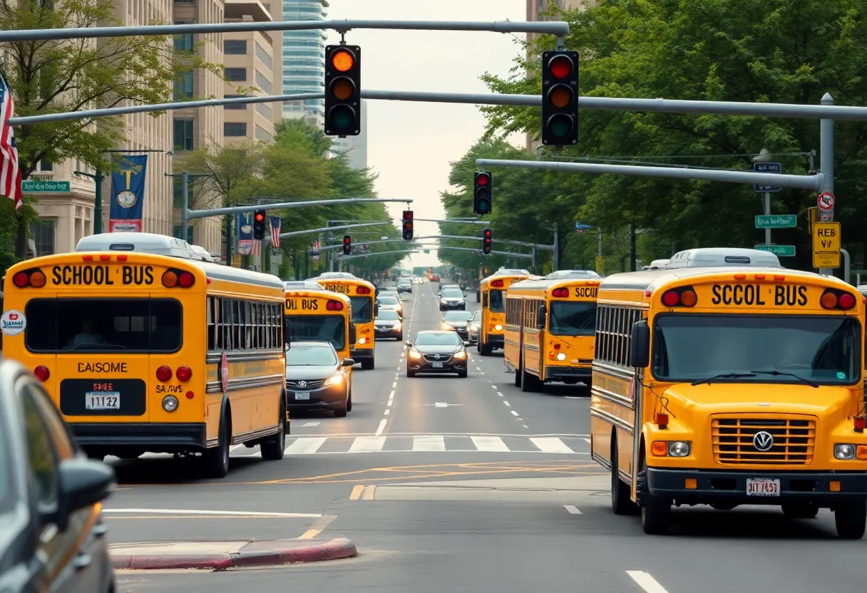 AI traffic signal system designed for Boston school buses operational at a busy intersection.