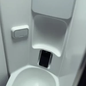 Image depicting an airplane bathroom with a hidden recording device.
