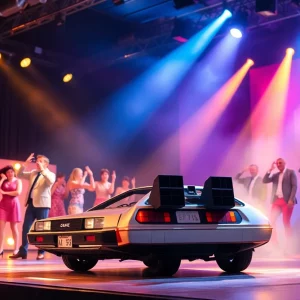 Theatrical scene from Back to the Future Musical with performers and DeLorean.