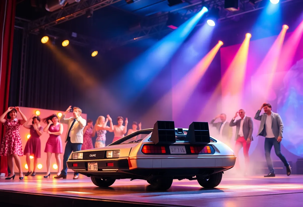 Theatrical scene from Back to the Future Musical with performers and DeLorean.