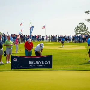 Participants playing at the Believe 271 Foundation Golf Tournament with a memorial putting green in view.