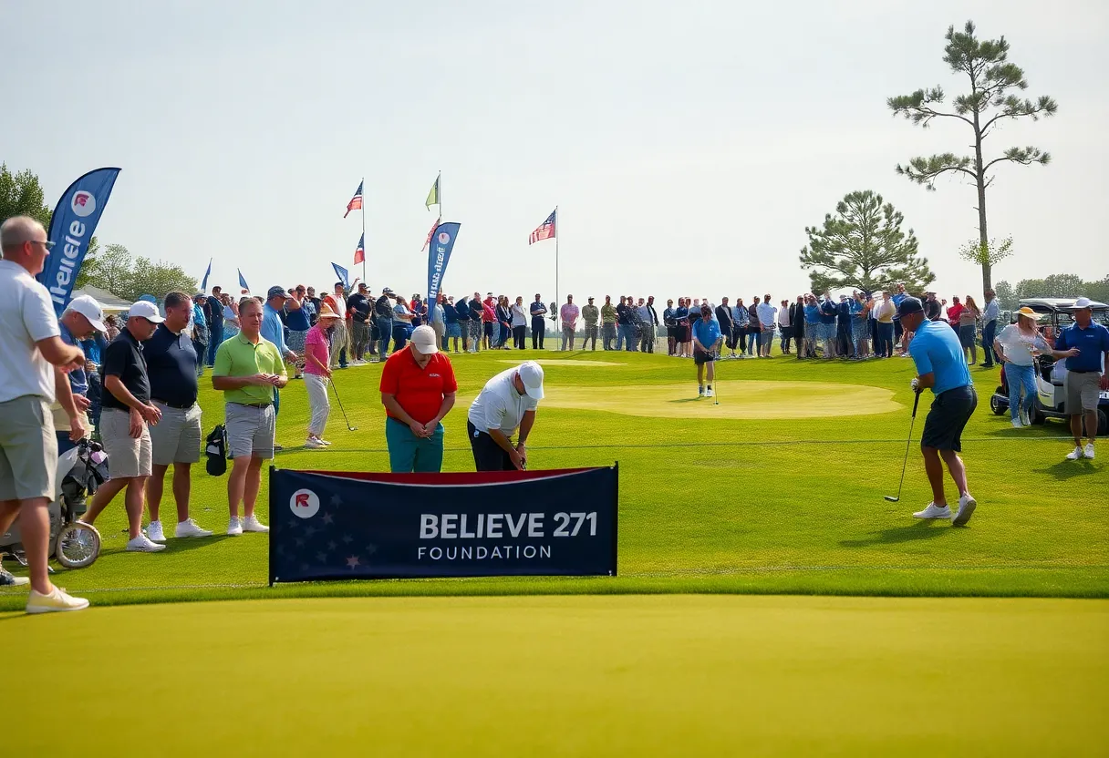 Participants playing at the Believe 271 Foundation Golf Tournament with a memorial putting green in view.