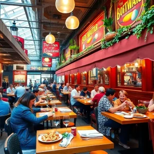 A vibrant collage of Boston's top dining spots featuring diverse cuisine and happy diners.