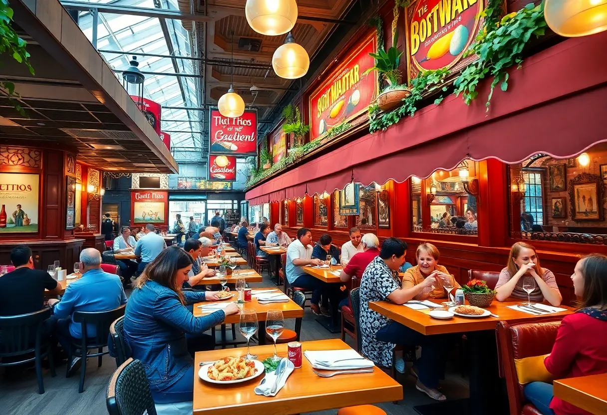 A vibrant collage of Boston's top dining spots featuring diverse cuisine and happy diners.