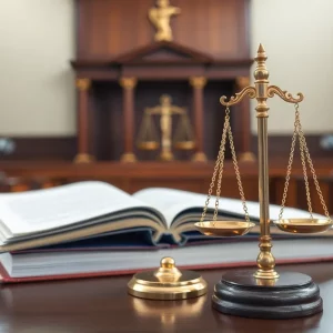 Courtroom setting illustrating a legal fraud case.