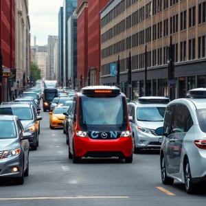 Street view of Boston with autonomous vehicles and pedestrians