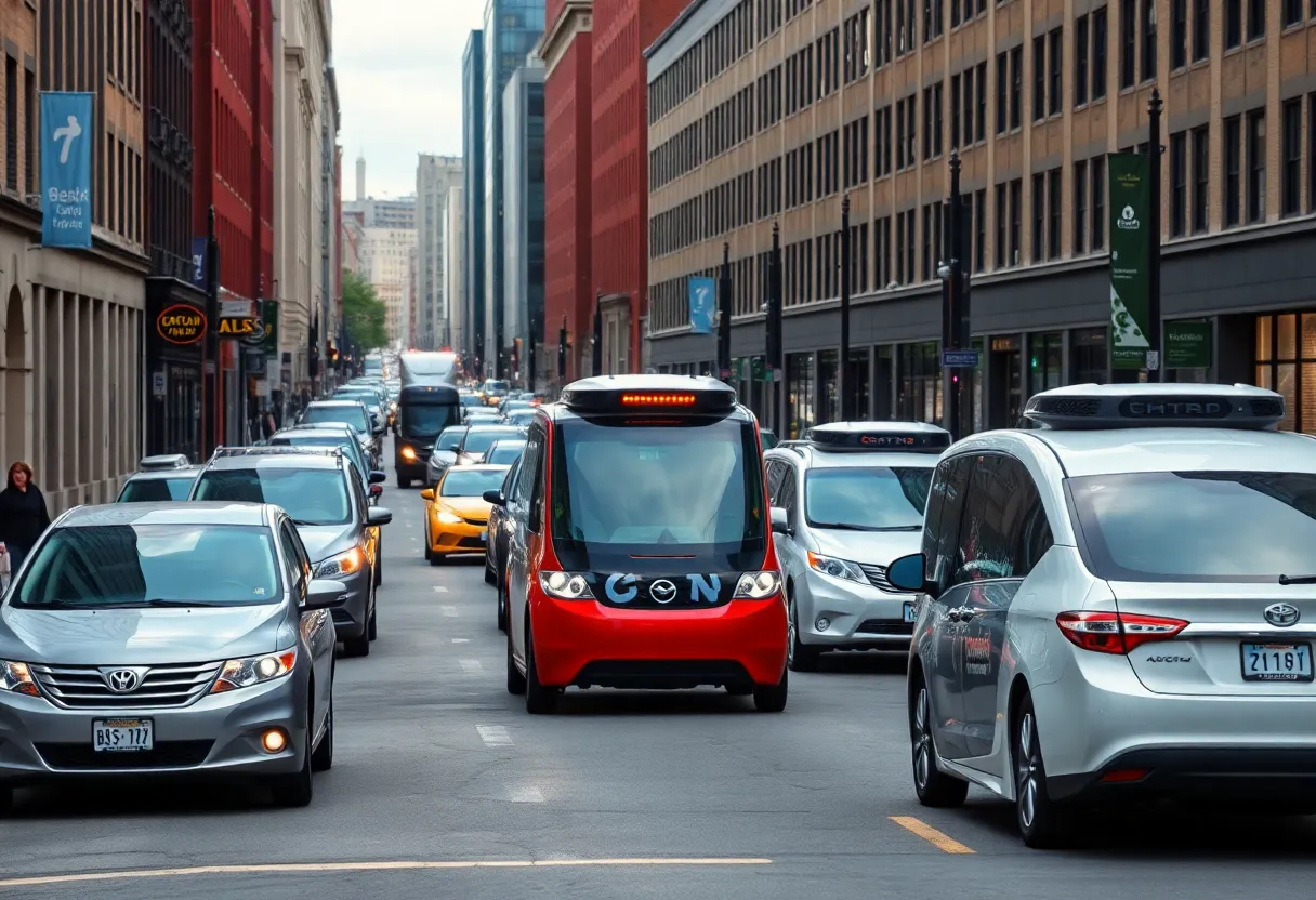 Street view of Boston with autonomous vehicles and pedestrians