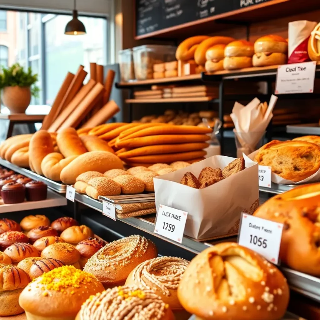 Assorted baked goods in a Boston bakery including pastries and bread