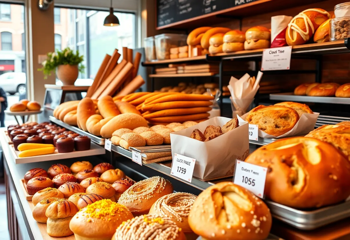 Assorted baked goods in a Boston bakery including pastries and bread