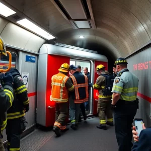 Firefighters assisting passengers in Boston subway tunnel
