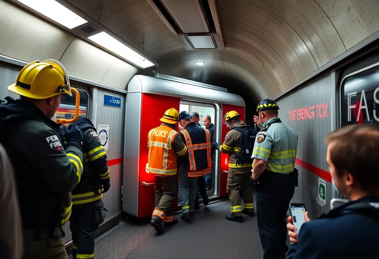 Firefighters assisting passengers in Boston subway tunnel