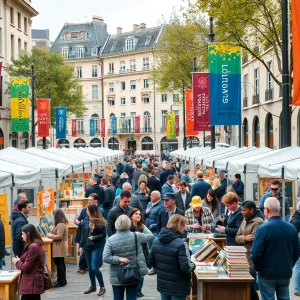 A lively book festival in Boston with authors, attendees, and book displays