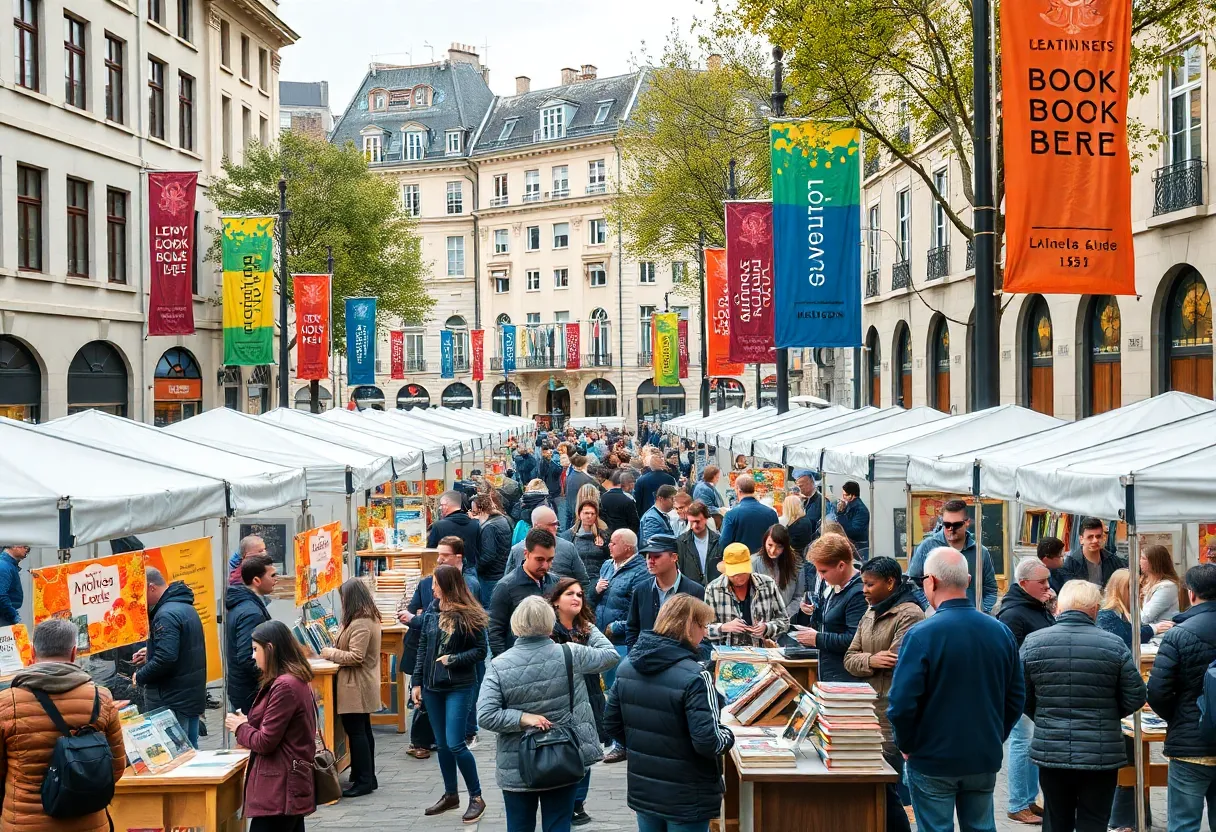 A lively book festival in Boston with authors, attendees, and book displays