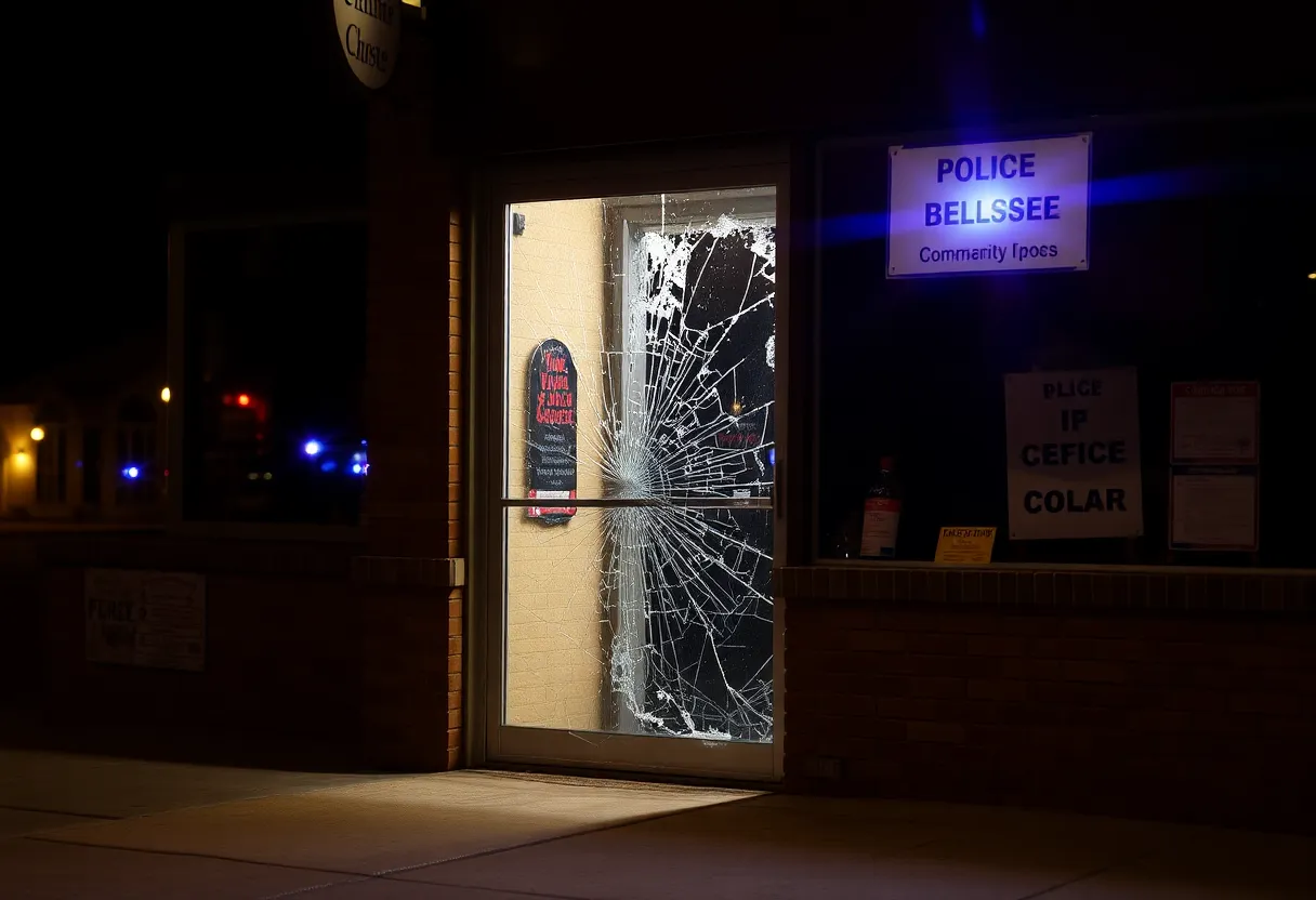 Scene of a broken door at a local Boston business with police presence.
