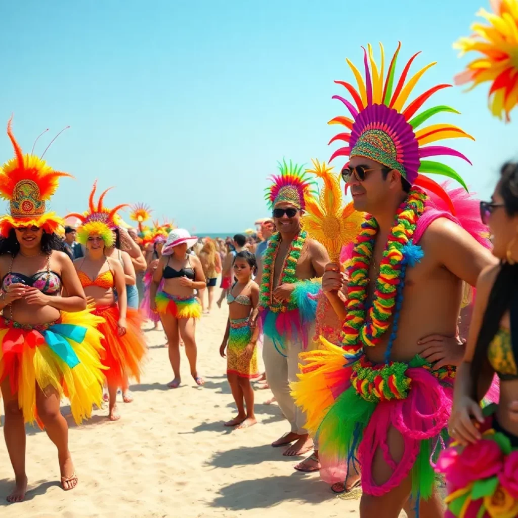 Vibrant carnival scene at Carson Beach in Boston with families enjoying the celebration.