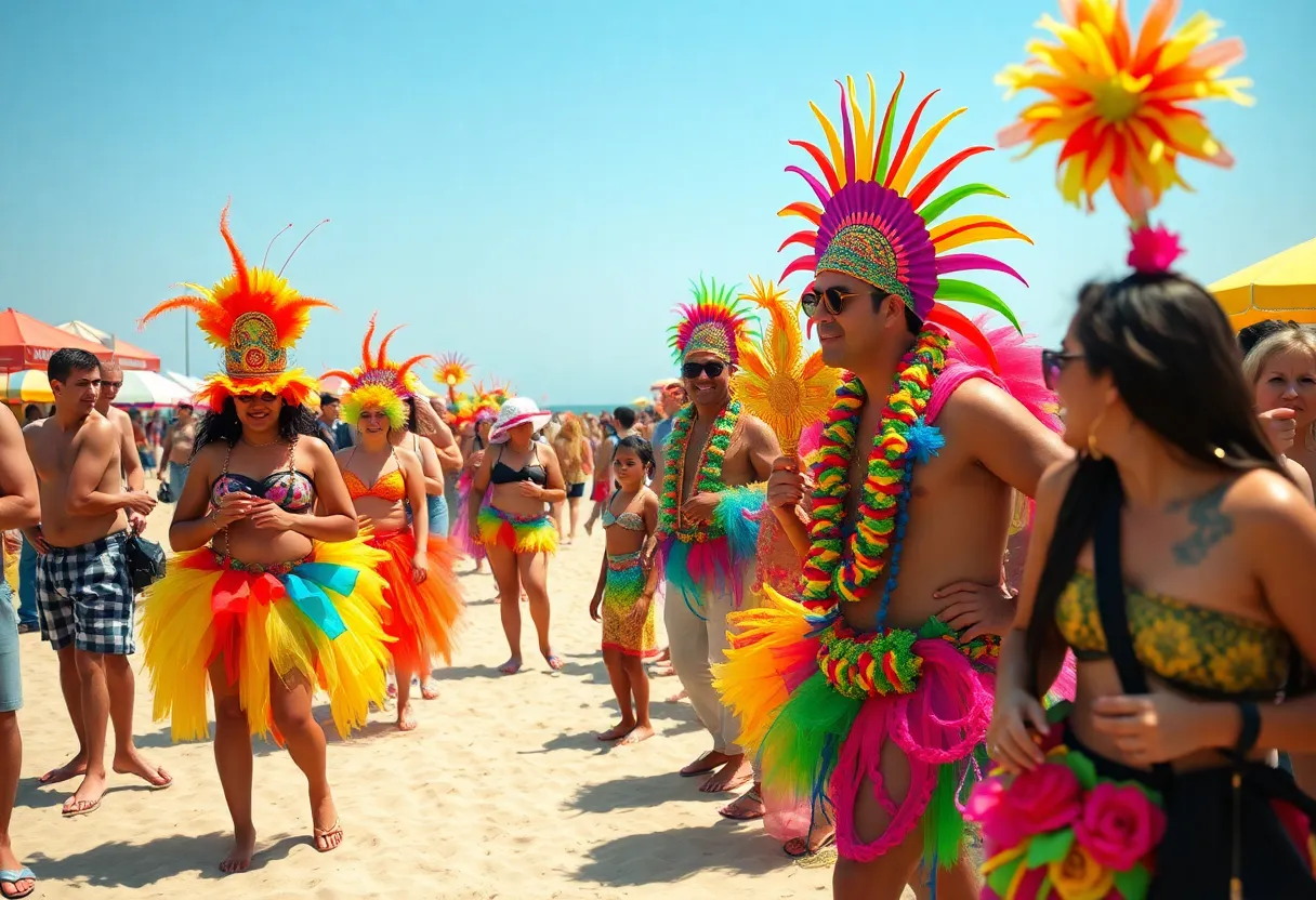 Vibrant carnival scene at Carson Beach in Boston with families enjoying the celebration.
