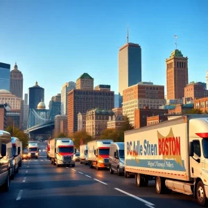 Boston city skyline with U-Haul trucks representing migration trends