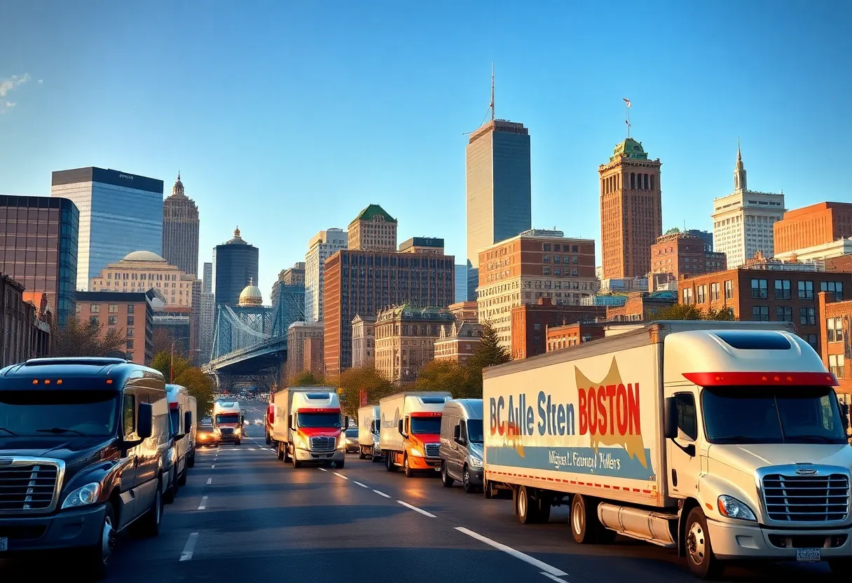 Boston city skyline with U-Haul trucks representing migration trends