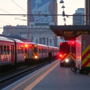 Emergency vehicles at a train station in Boston