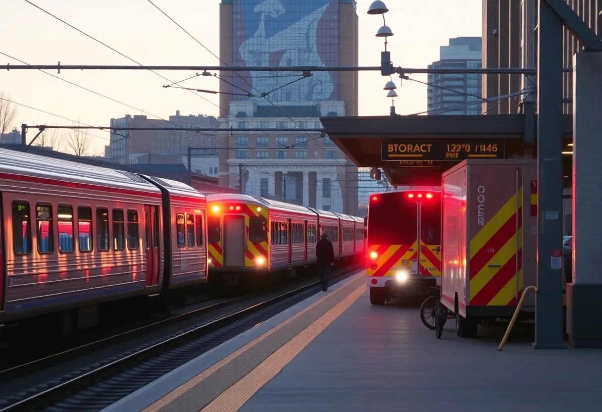Emergency vehicles at a train station in Boston