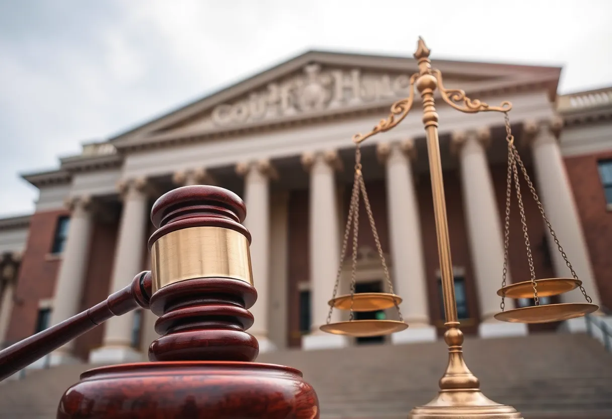 Gavel and scales of justice in front of Boston courthouse