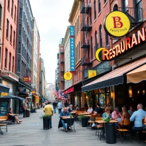 A lively street in Boston featuring new restaurants with outdoor dining.