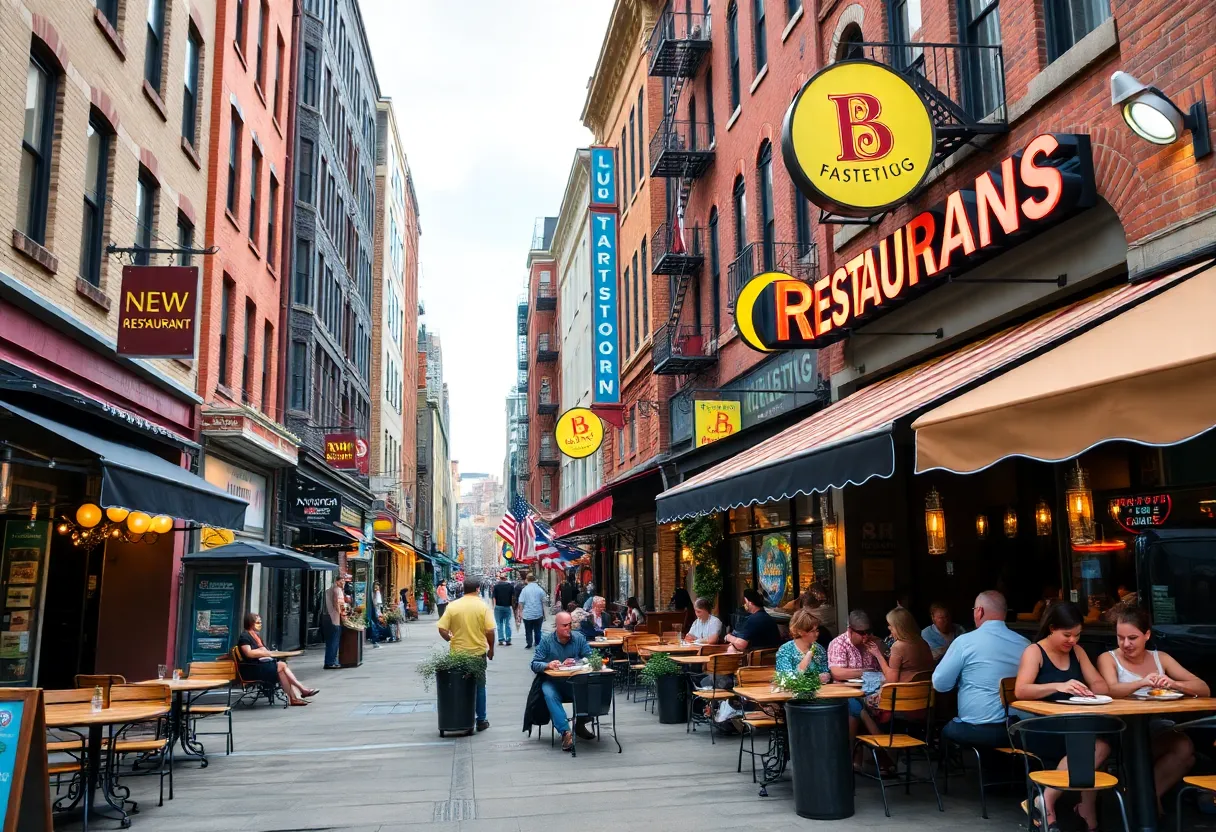 A lively street in Boston featuring new restaurants with outdoor dining.