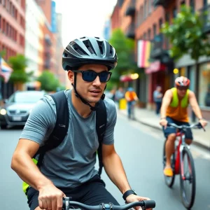 A cyclist wearing a helmet riding through a colorful Boston neighborhood.