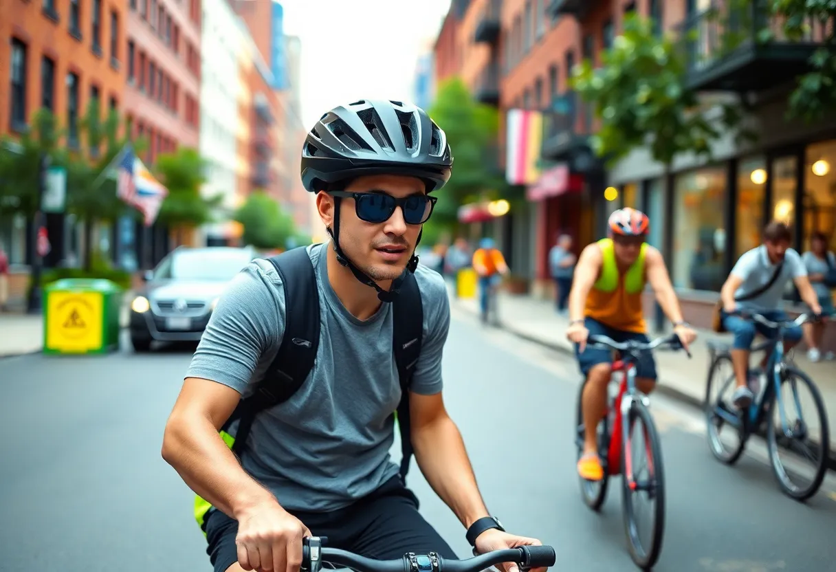A cyclist wearing a helmet riding through a colorful Boston neighborhood.