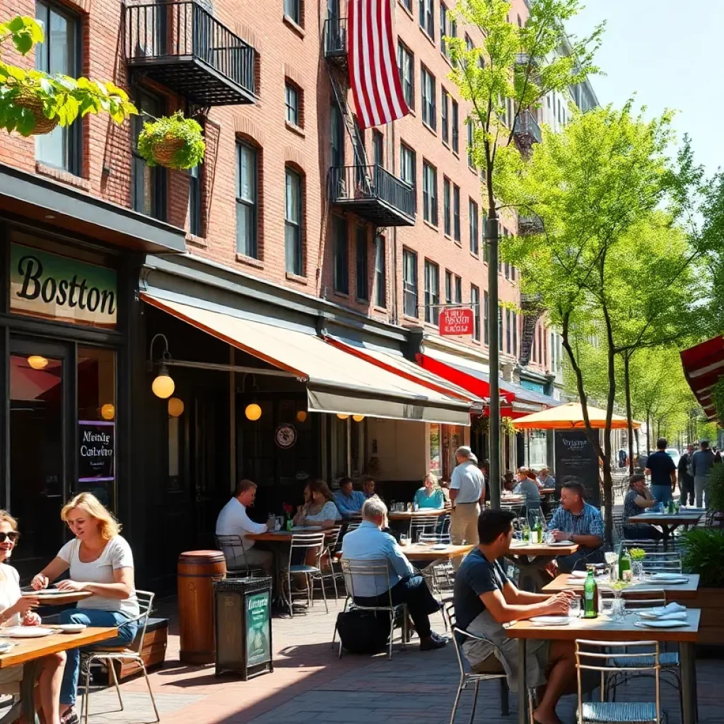 Outdoor dining in Boston with people enjoying their meals at new restaurants.