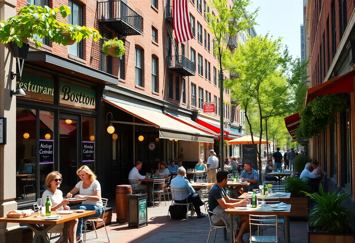 Outdoor dining in Boston with people enjoying their meals at new restaurants.