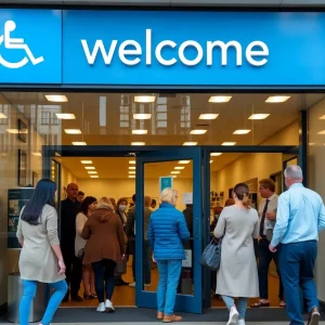 Storefront with accessibility certification signage and diverse customers