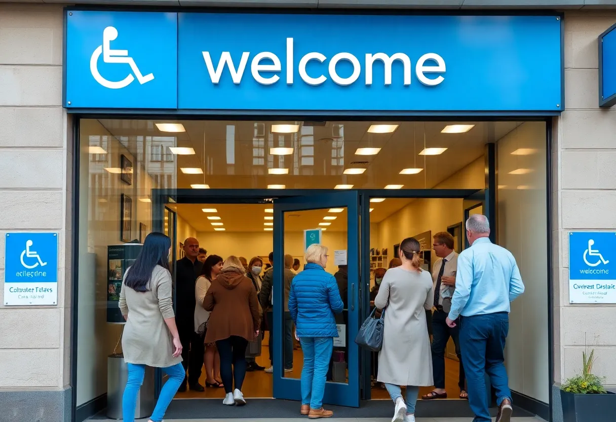 Storefront with accessibility certification signage and diverse customers