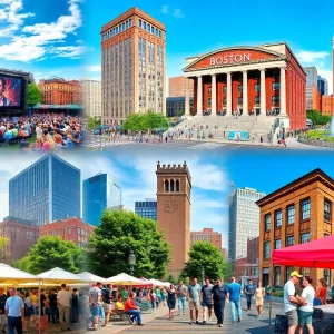 Collage showcasing various events in Boston, including outdoor festivals and movie screenings.