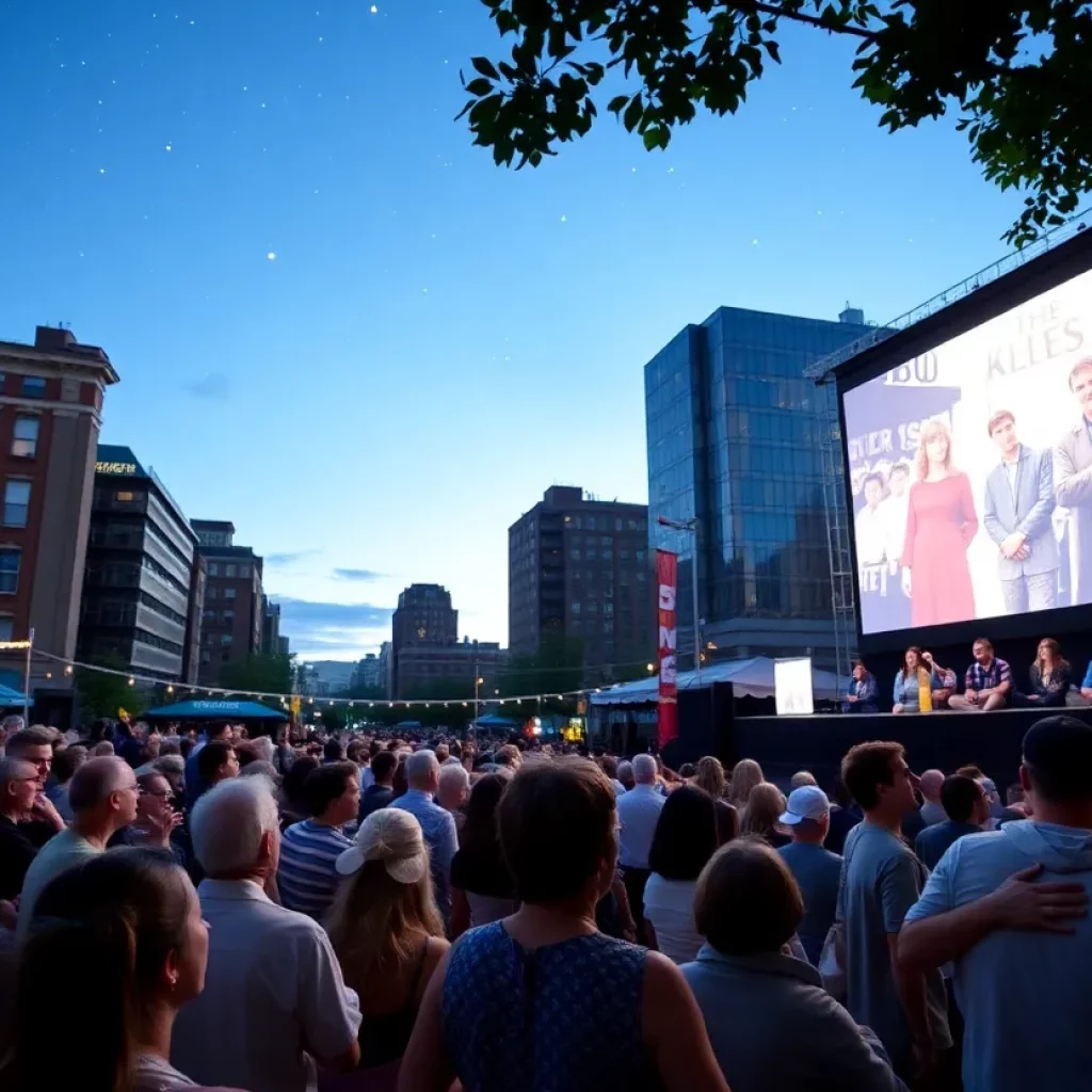 A crowd enjoying a film screening in Boston's outdoor venue