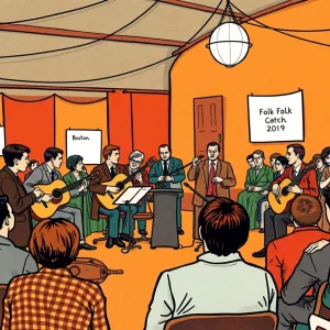 Attendees engaging in discussions at the Boston Folk Revival Symposium