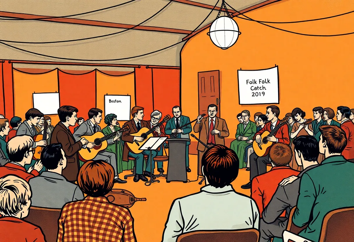 Attendees engaging in discussions at the Boston Folk Revival Symposium
